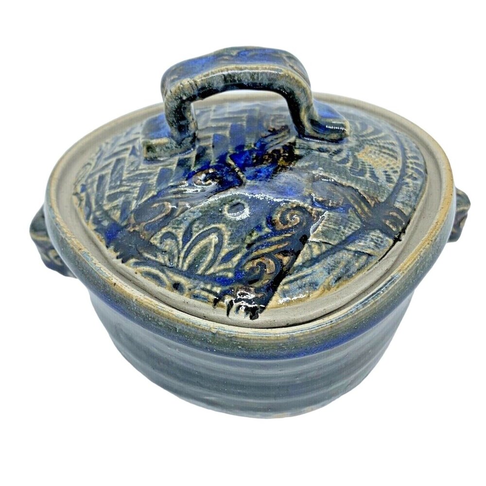 Blue Heart Shaped Trinket Box Signed  Studio Pottery OOAK